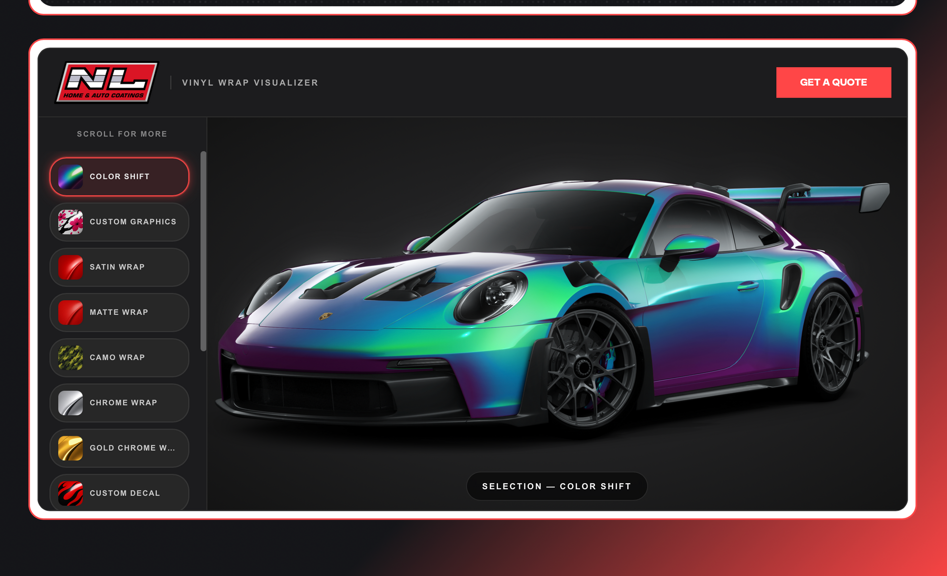 Customizable neon sports car in a game menu, with color options shown on the left.