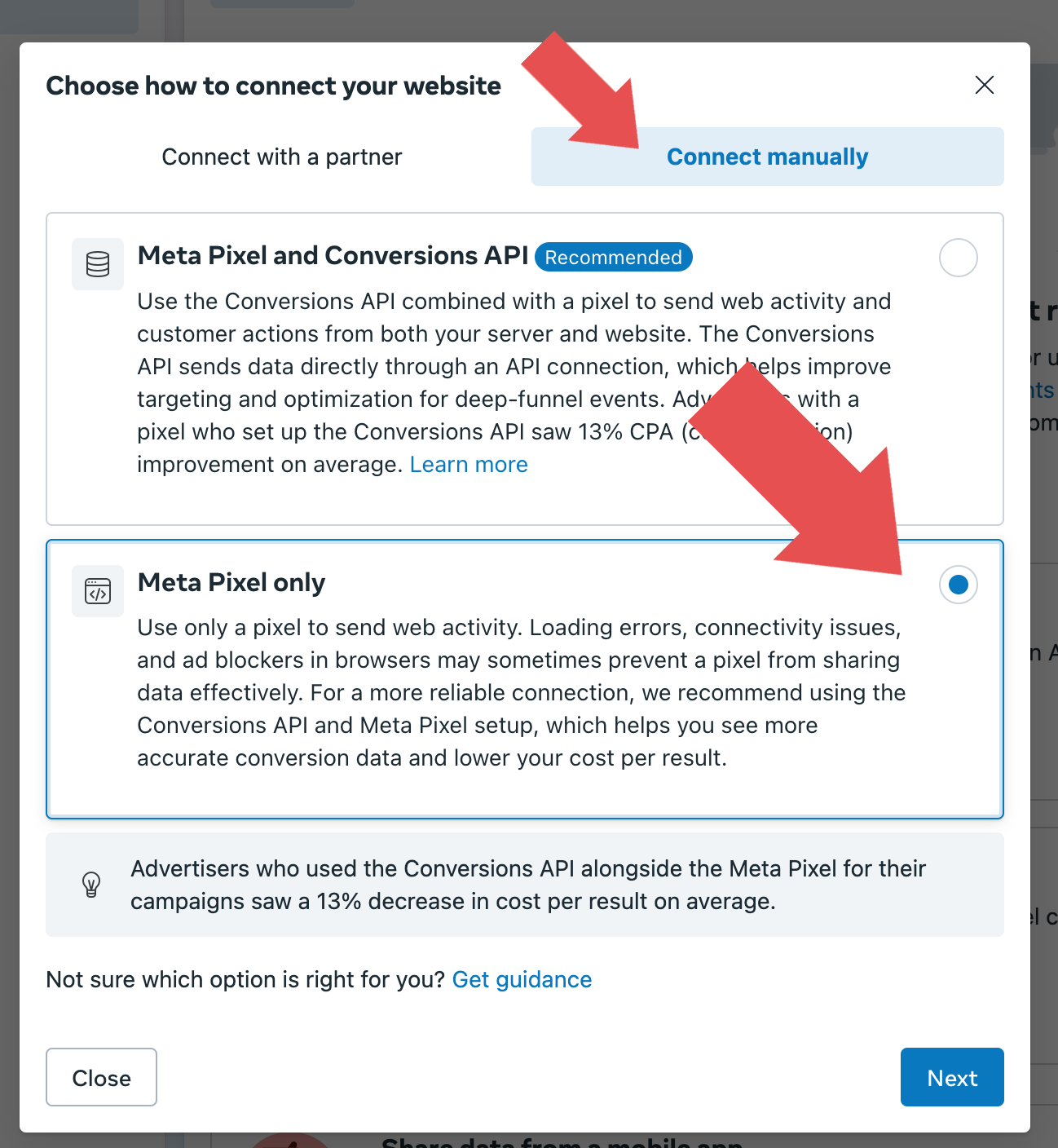 Screenshot of a website setup, showing options to connect website to Meta Pixel. 