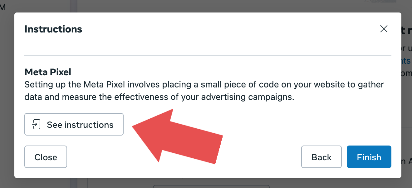 Dialog box about Meta Pixel instructions, with a 