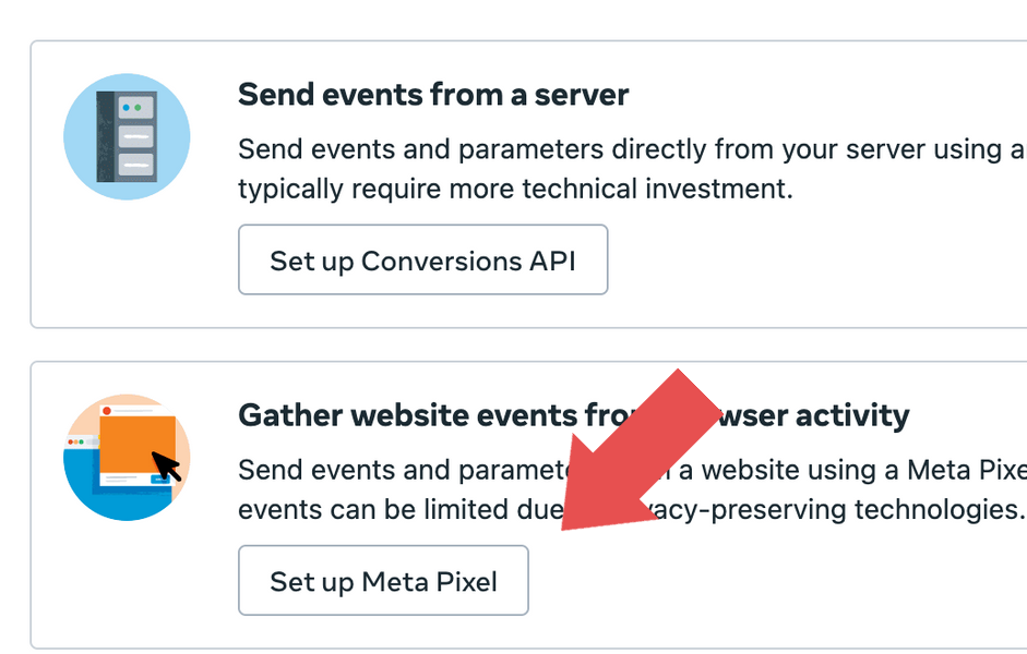 Screenshot showing two options for sending website events. The lower one, highlighted by a red arrow, says 
