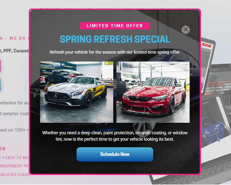 Spring Refresh Special ad with two shiny cars and a blue “Schedule Now” button