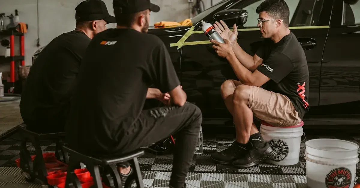 Three technicians applying window tint to vehicle in professional auto shop garage.