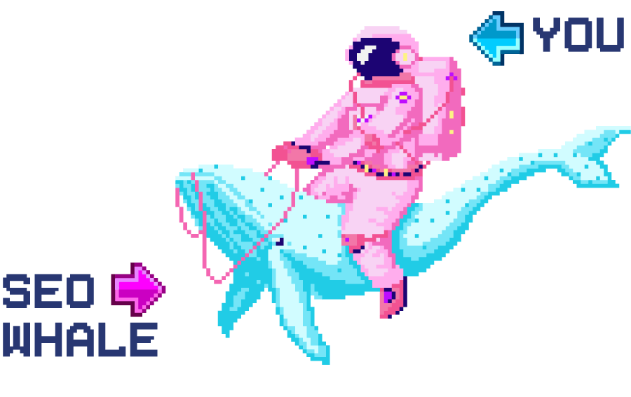 Astronaut riding a glowing blue SEO whale with