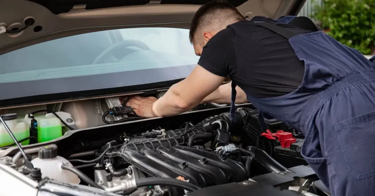 Mechanic inspecting car engine under open hood for automotive maintenance and repair diagnostics.