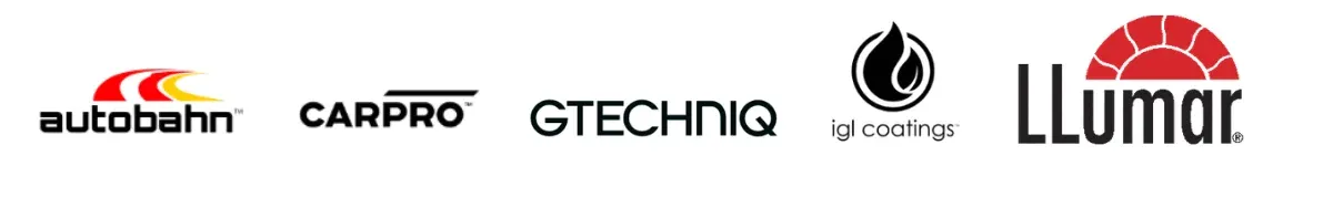 Logos of five car detailing brands: autobahn with a red and yellow swoosh, CARPRO, GTECHNIQ, IGL Coatings with a flame icon, and LLumar with a red arc.