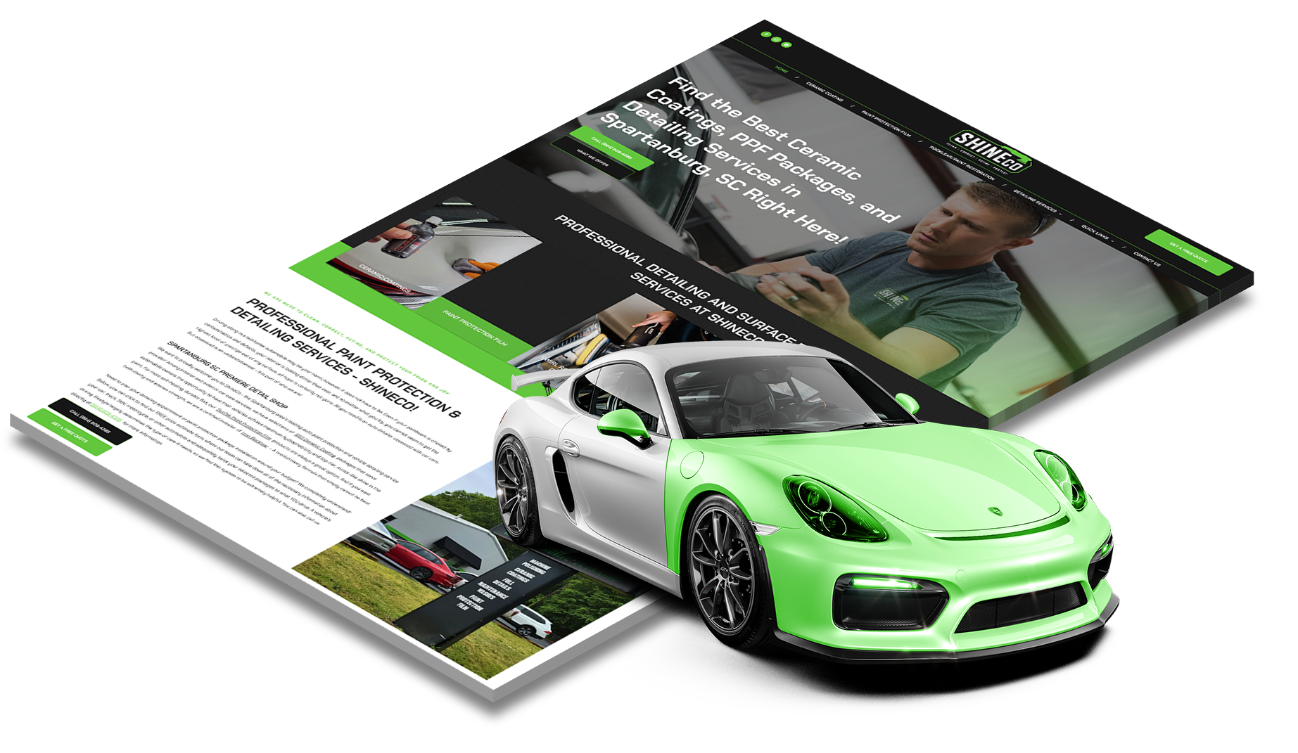 A green car is sitting on top of a brochure.