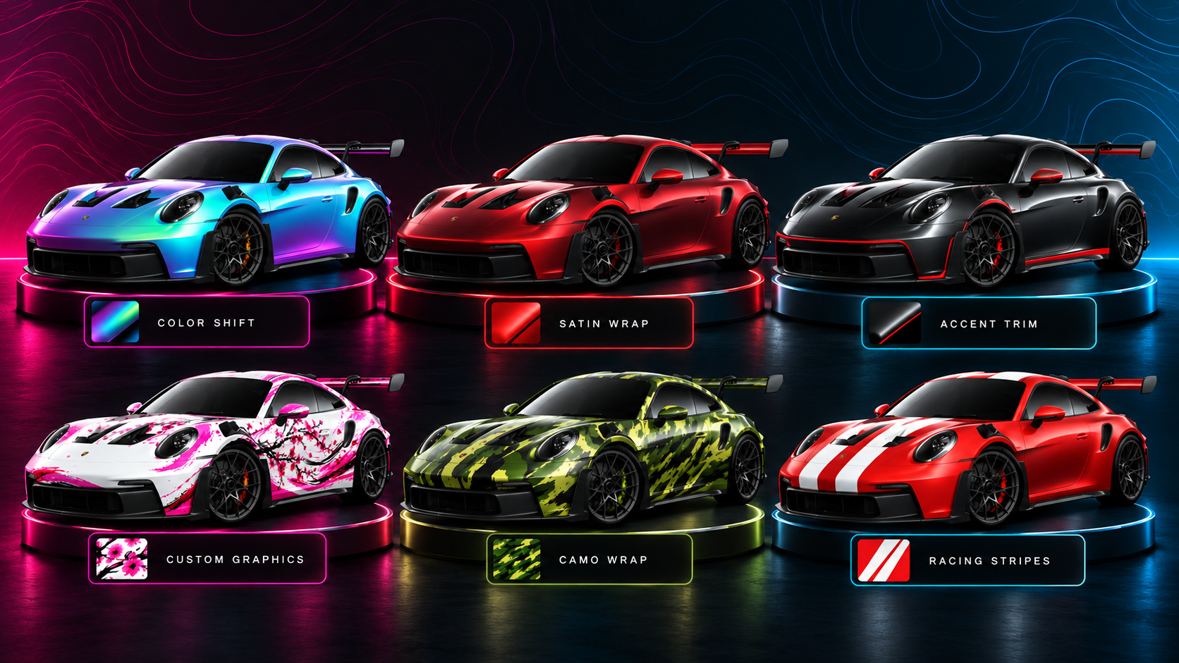 Six sports cars in two rows on a dark futuristic background with different car wrap designs.