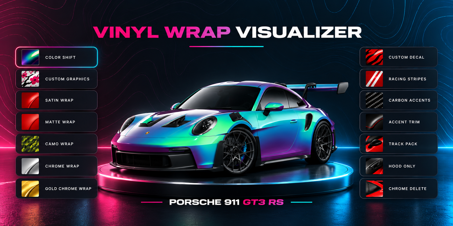 Neon Porsche 911 vinyl wrap visualizer with turquoise, purple, and pink racing graphics on a dark background