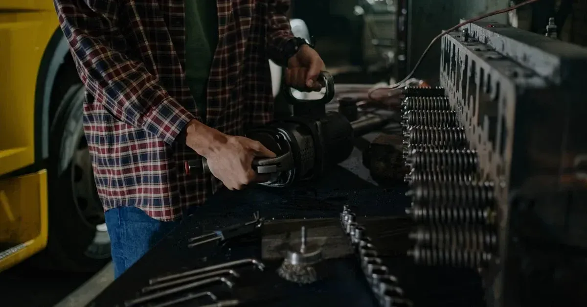 Mechanic in plaid shirt holding wrench near organized tool rack in garage workshop.