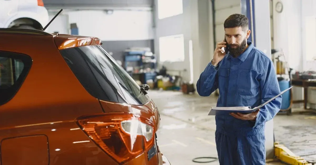 Mechanic inspecting orange car in workshop, analyzing conversion rate data for detailing business performance.