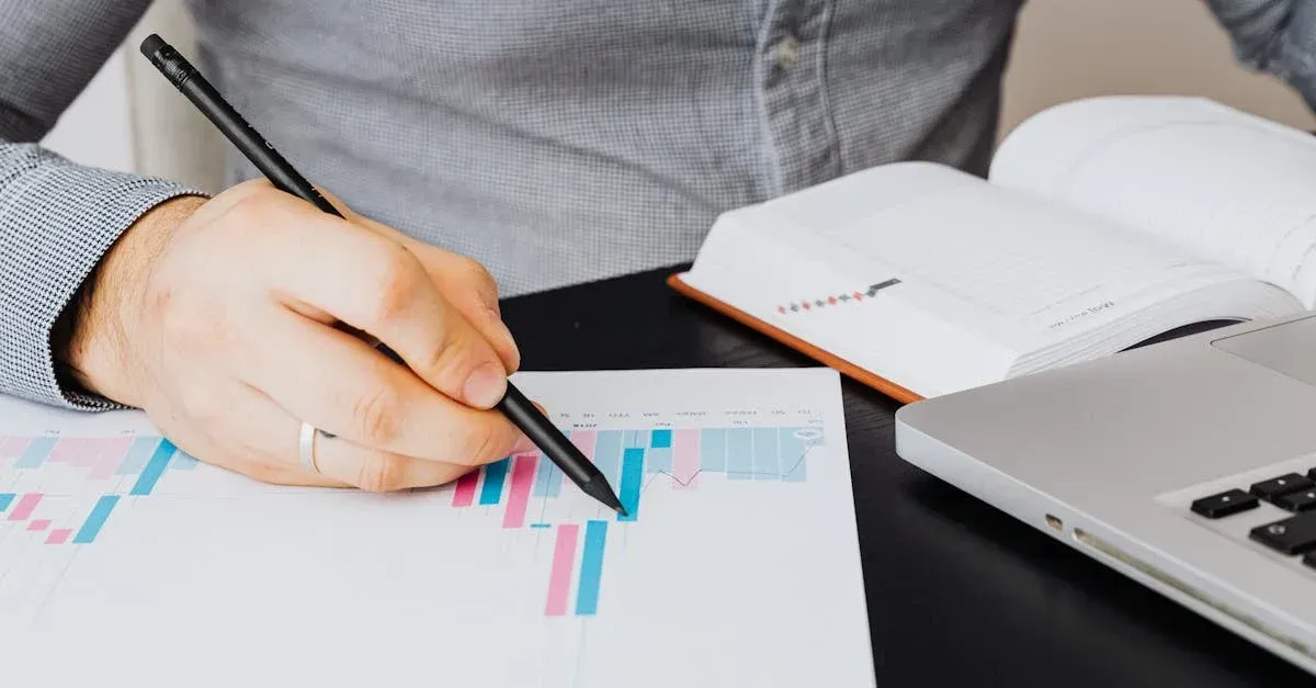 Person analyzing colorful data charts with pen, laptop and notebook for window tinting SEO agency strategy planning.