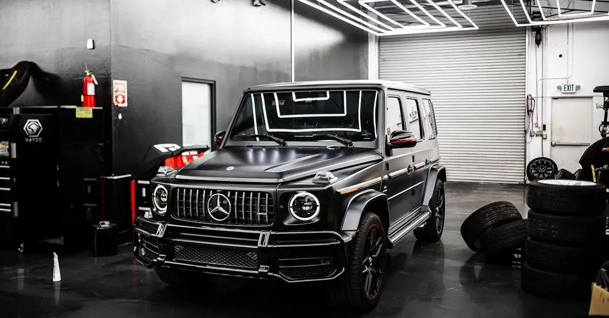 Black Mercedes SUV with custom window tinting in professional garage auto shop setting.
