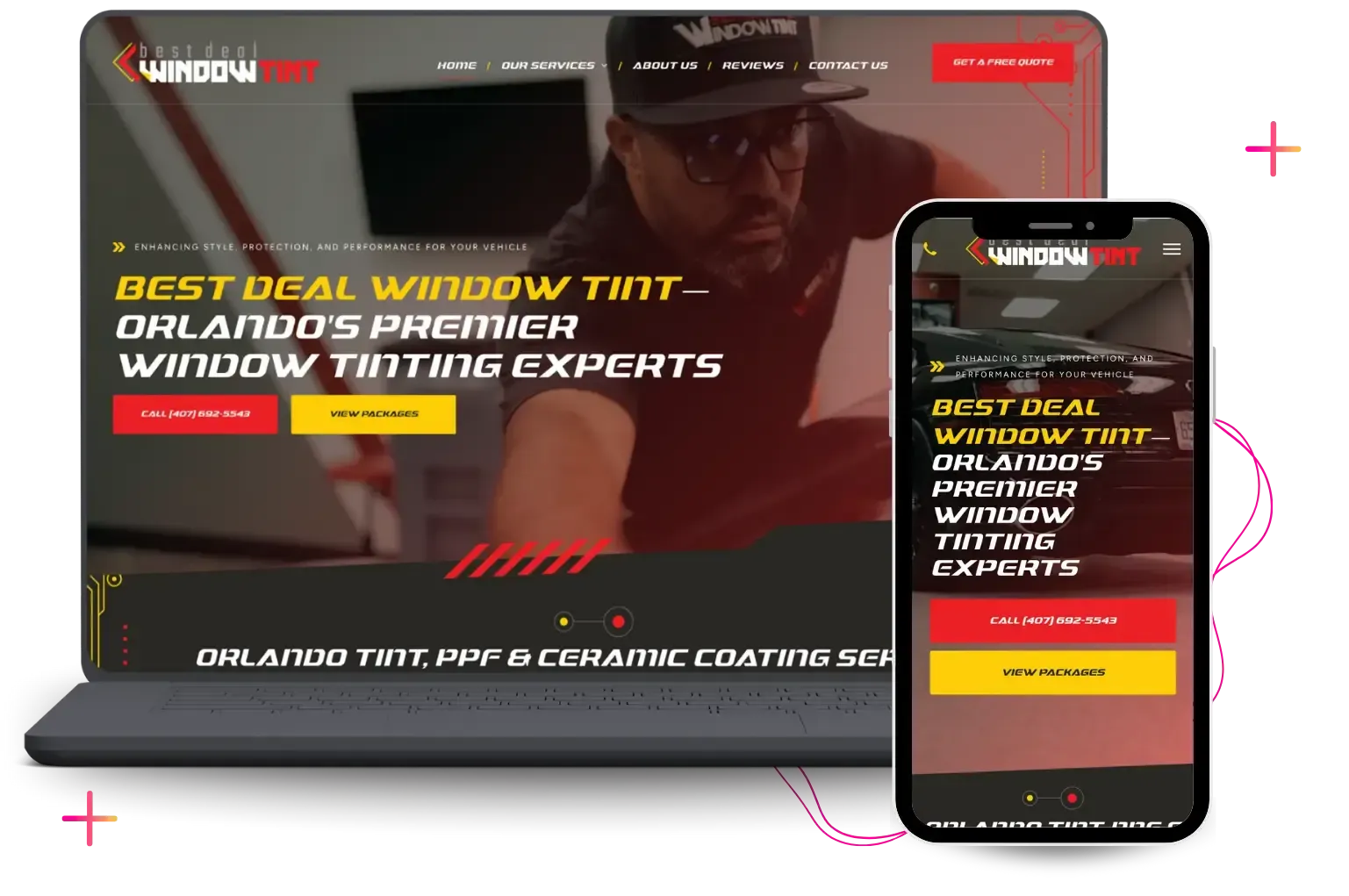 Website mockup on a laptop and phone. A man is featured in the background. Text on screen reads 