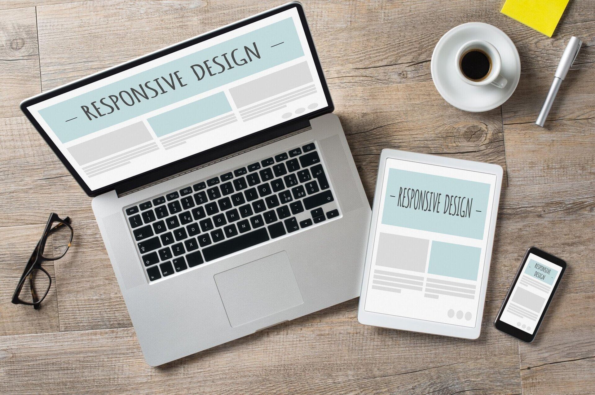 Laptop, tablet, and phone displaying responsive design layout; desk with coffee, glasses, and pen.