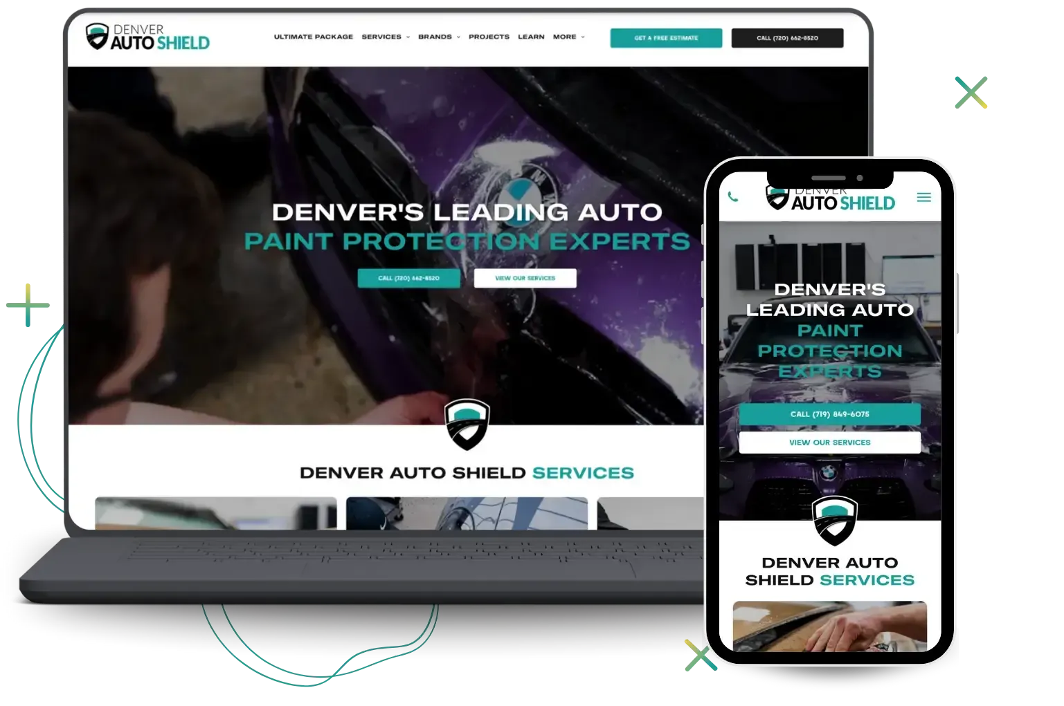 Website mockup: Denver Auto Shield on laptop and phone, with turquoise accents.