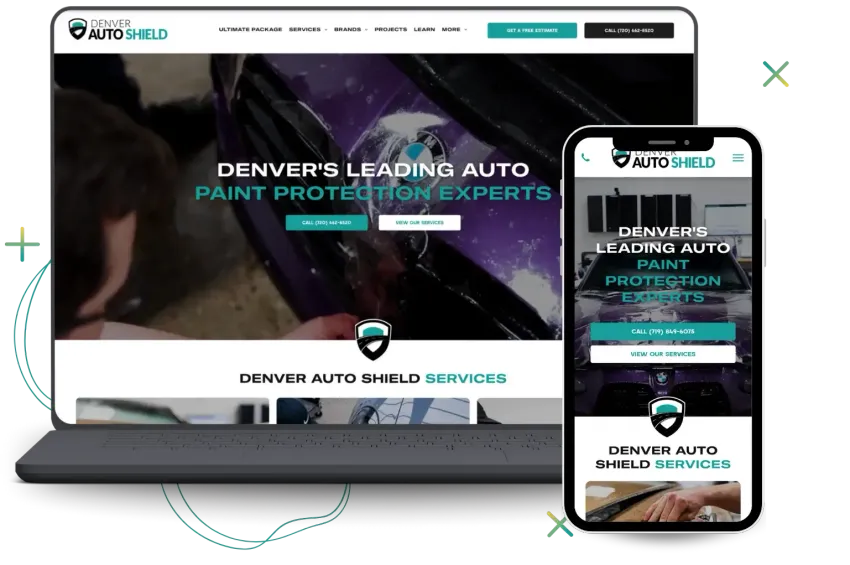Website displayed on a laptop and smartphone: Denver Auto Shield, auto paint protection.