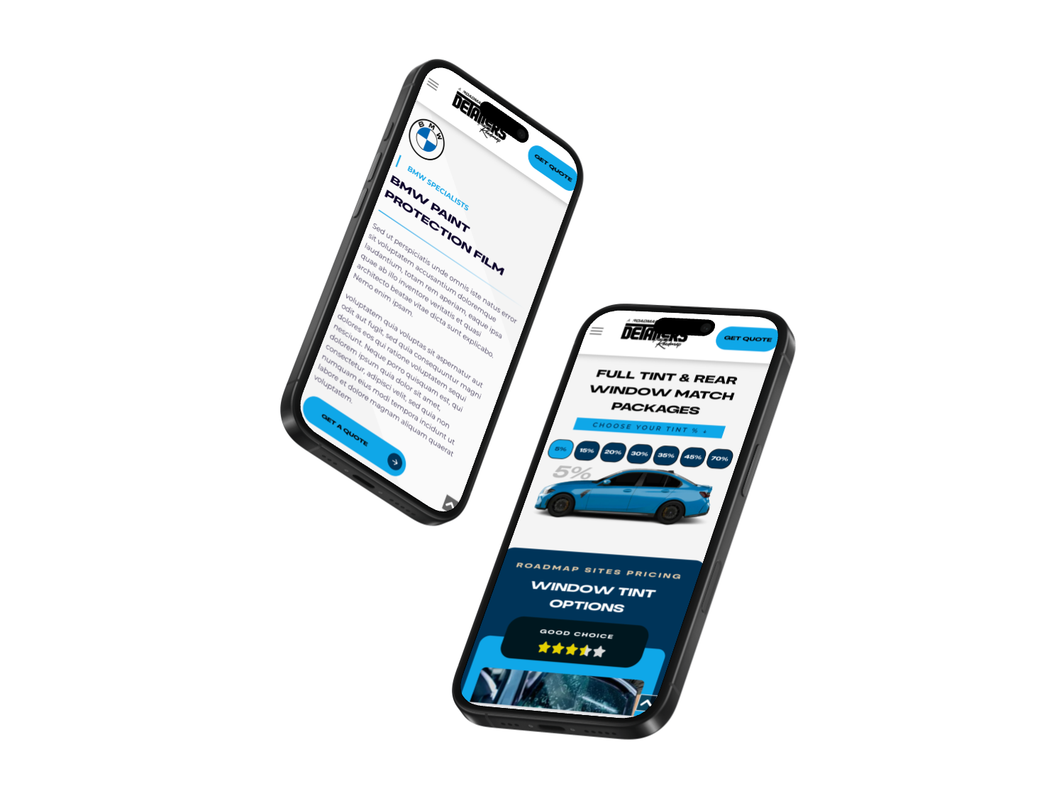 Two phones displaying BMW app interfaces with car details and information.