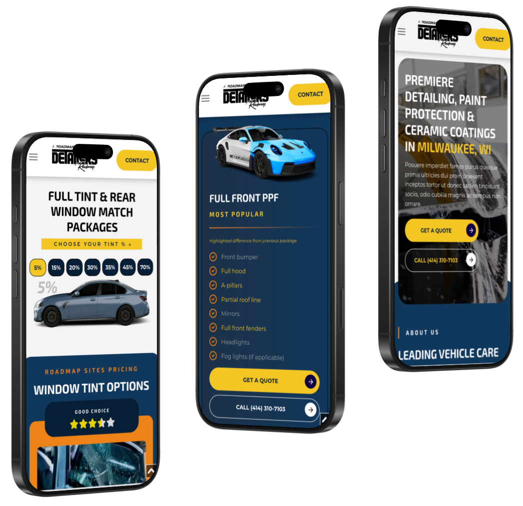 Three smartphones displaying a car detailing app with blue and yellow interfaces.