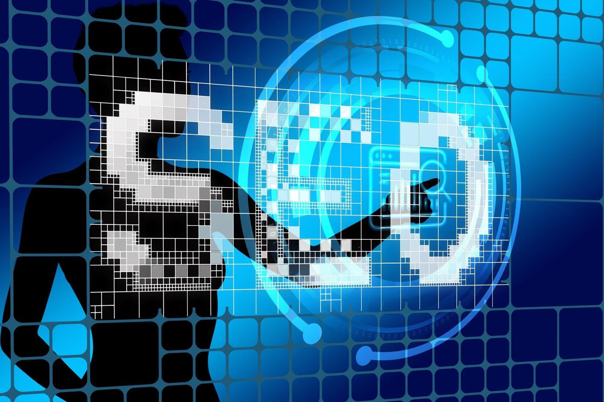 Person interacting with a digital gear, glowing blue, representing technology and innovation.