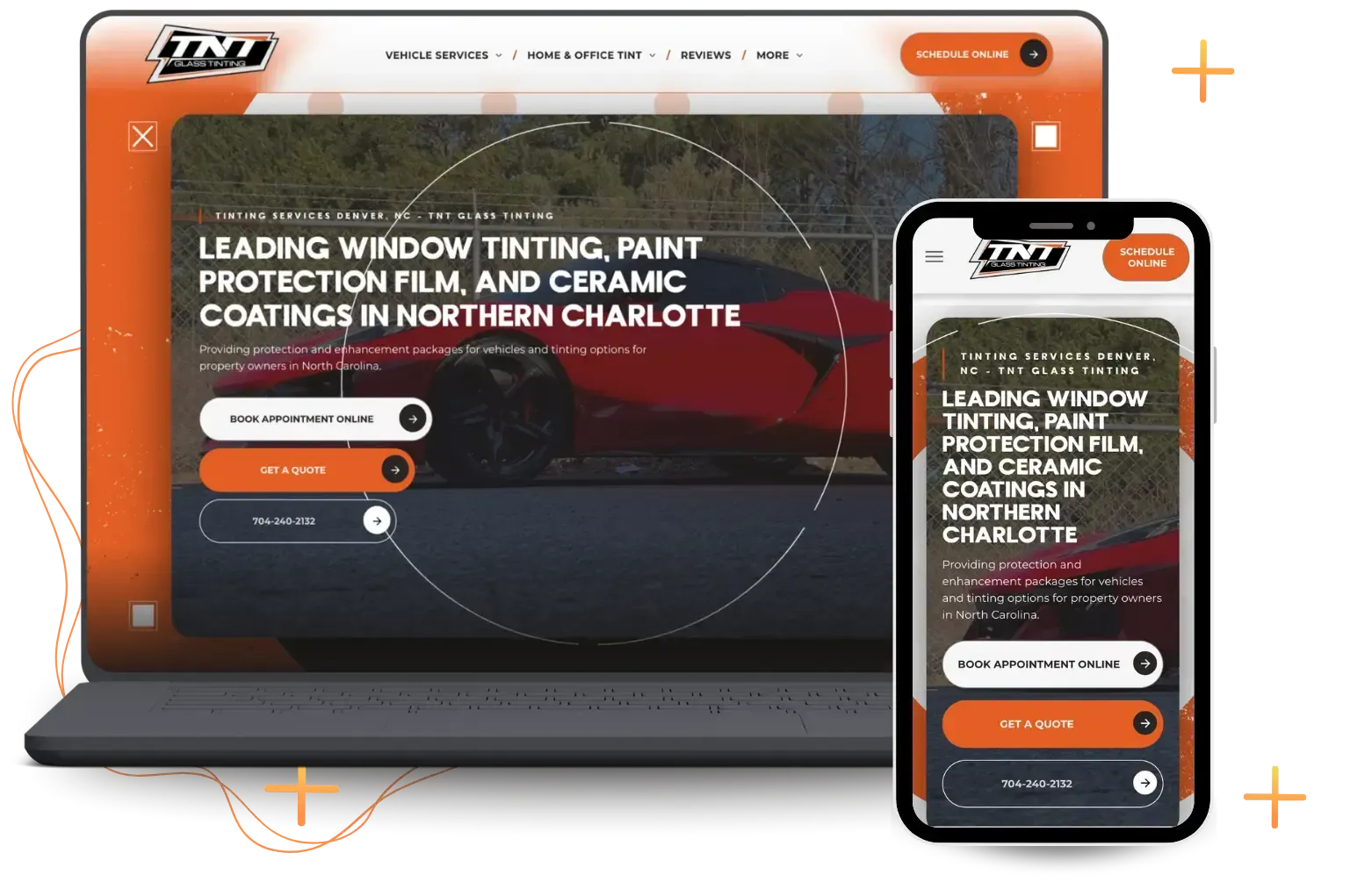 Website mockup on laptop and phone, orange and dark theme, promoting window tinting and paint protection services in Charlotte.