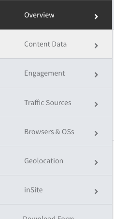A vertical navigation menu with categories: Overview, Content Data, Engagement, Traffic Sources, Browsers & OSs, Geolocation, inSite.