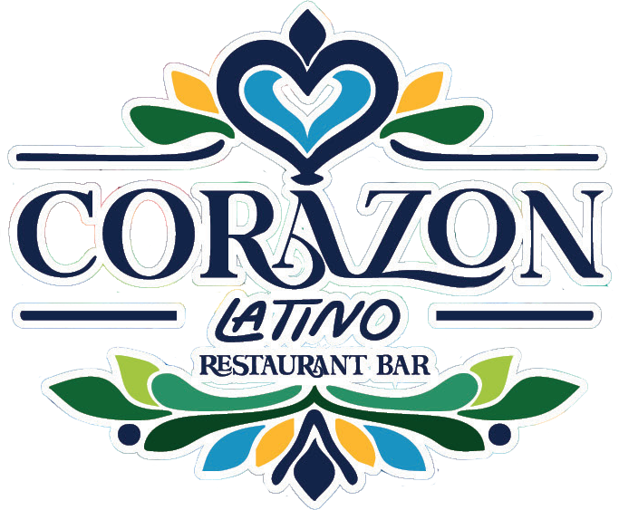 Logo for "Corazon Latino Restaurant Bar" with a heart design in blue, gold, and green.