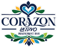 Logo for "Corazon Latino Restaurant Bar" with a heart design in blue, gold, and green.