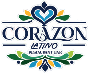 Logo for "Corazon Latino Restaurant Bar" with a heart design in blue, gold, and green.