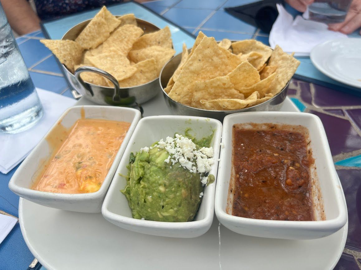 A plate of food with guacamole , salsa and tortilla chips on a table.