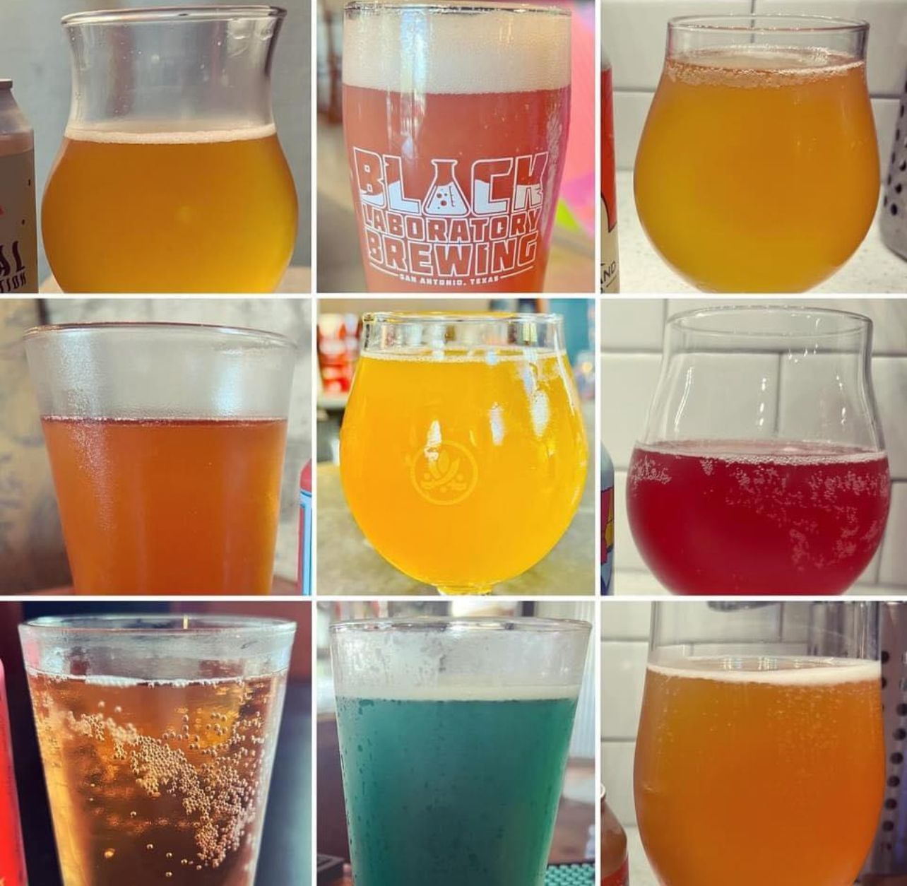 A collage of different types of drinks including a glass that says flash brewing