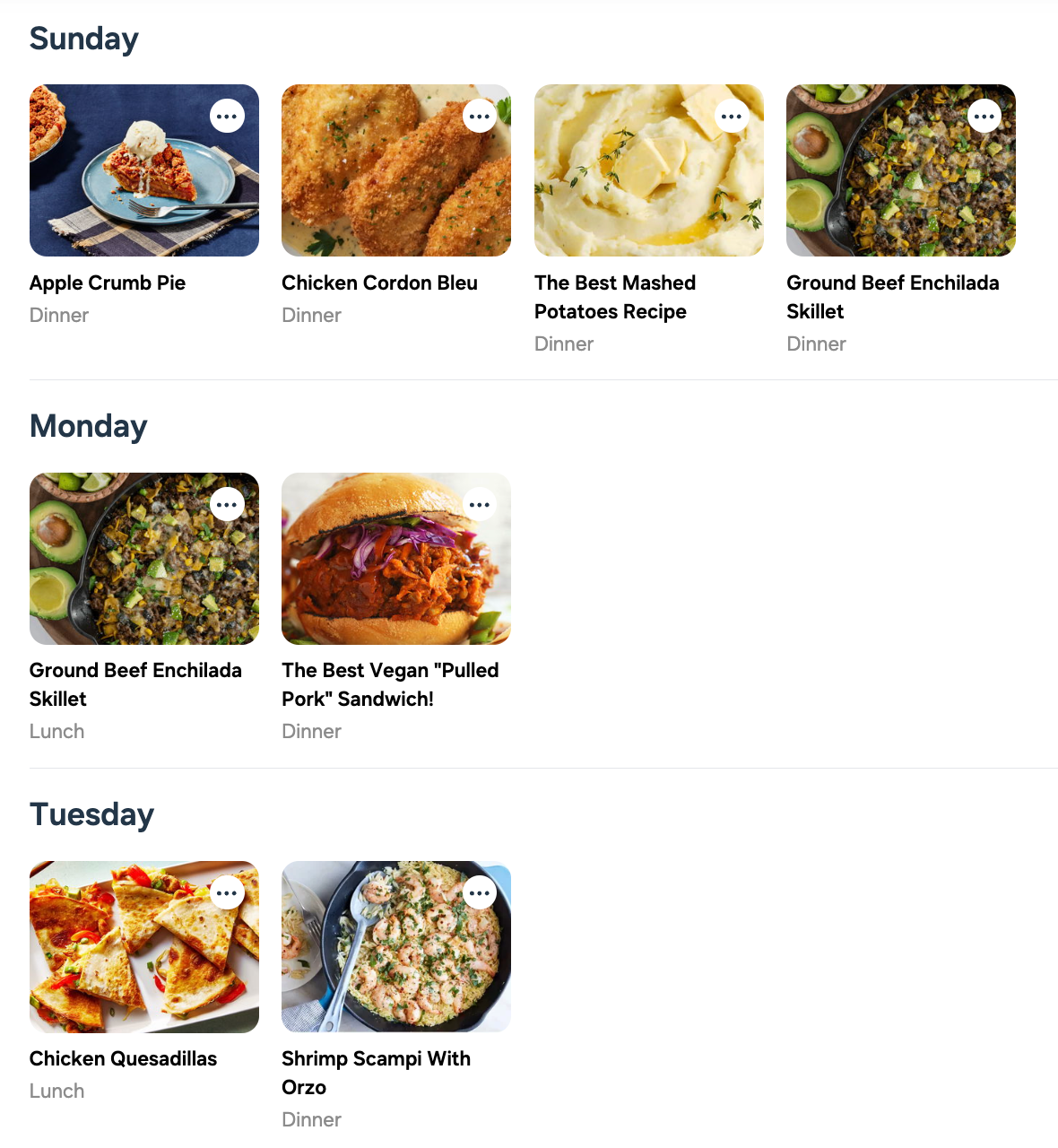 A screenshot of a website showing different types of food on a sunday , monday , and tuesday.