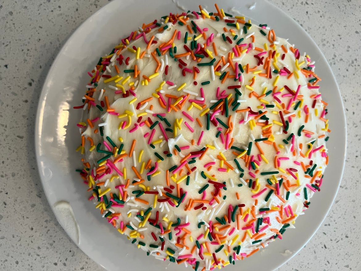 A white plate topped with a cake and sprinkles