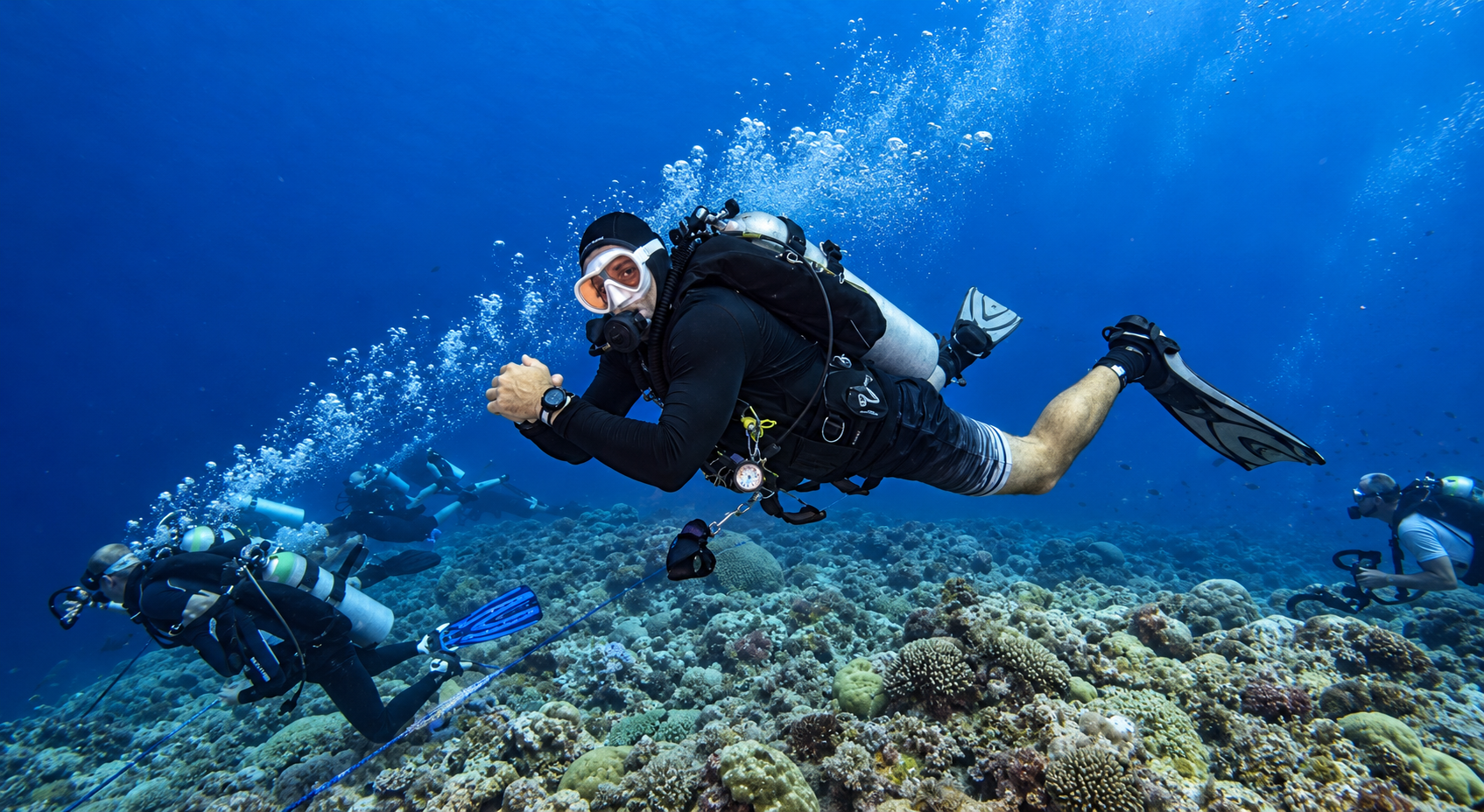 Scuba diver in a backplate and wing underwater, at the Blue Corner in Palau