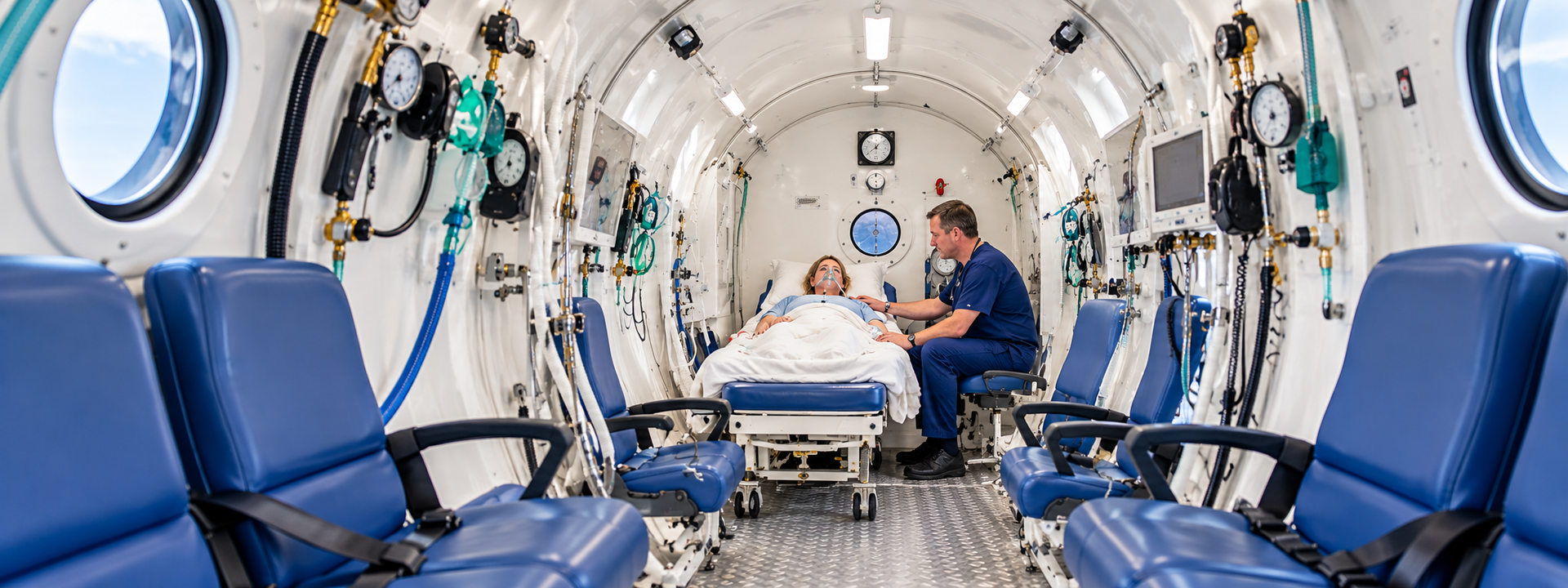 Patient receiving hyperbaric oxygen treatment for decompression sickness.