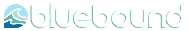 Bluebound logo with light blue wave icon and lowercase text on a white background
