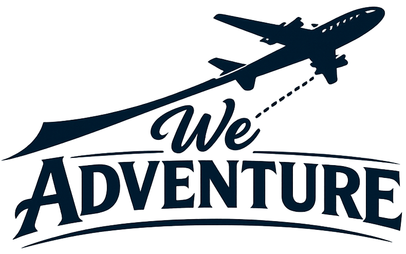 “We Adventure” travel logo with a flying airplane silhouette over bold navy text