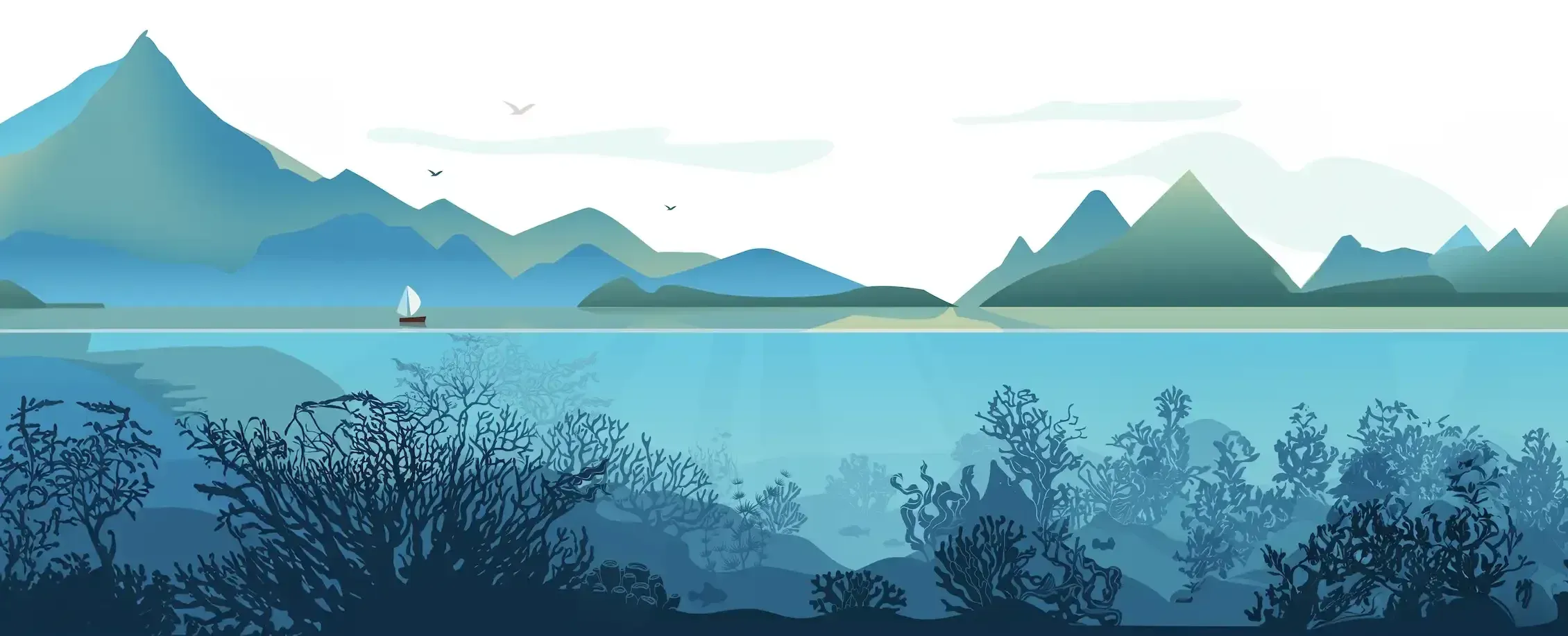 Serene blue lake with distant mountains, a small sailboat, and silhouetted trees in the foreground
