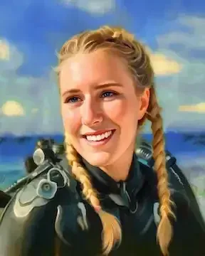 Smiling diver in a wetsuit with twin braids, standing by the sea under a blue sky.