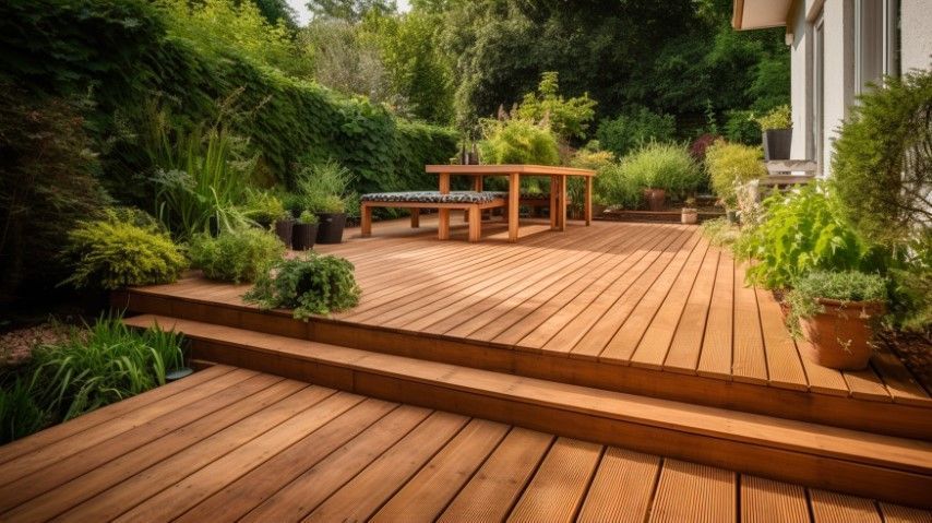 Wooden backyard deck with steps, picnic table, and lush green landscaping beside a house