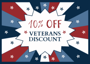 10% off Veterans Discount sign in red, white, and blue patriotic design with stars