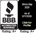 BBB Accredited Business badge with torch logo, “Since Sep 2020,” “As of 6/11/2025,” and “Click for Profile.”