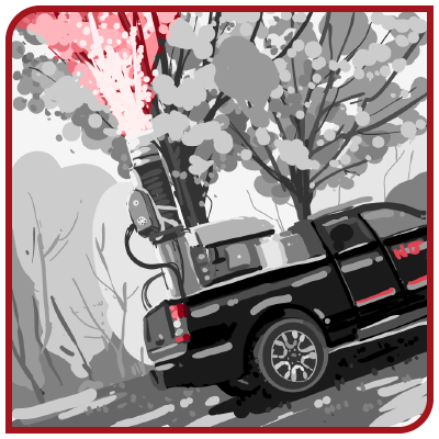 Un camion noir roule sur une route à côté d'un arbre.