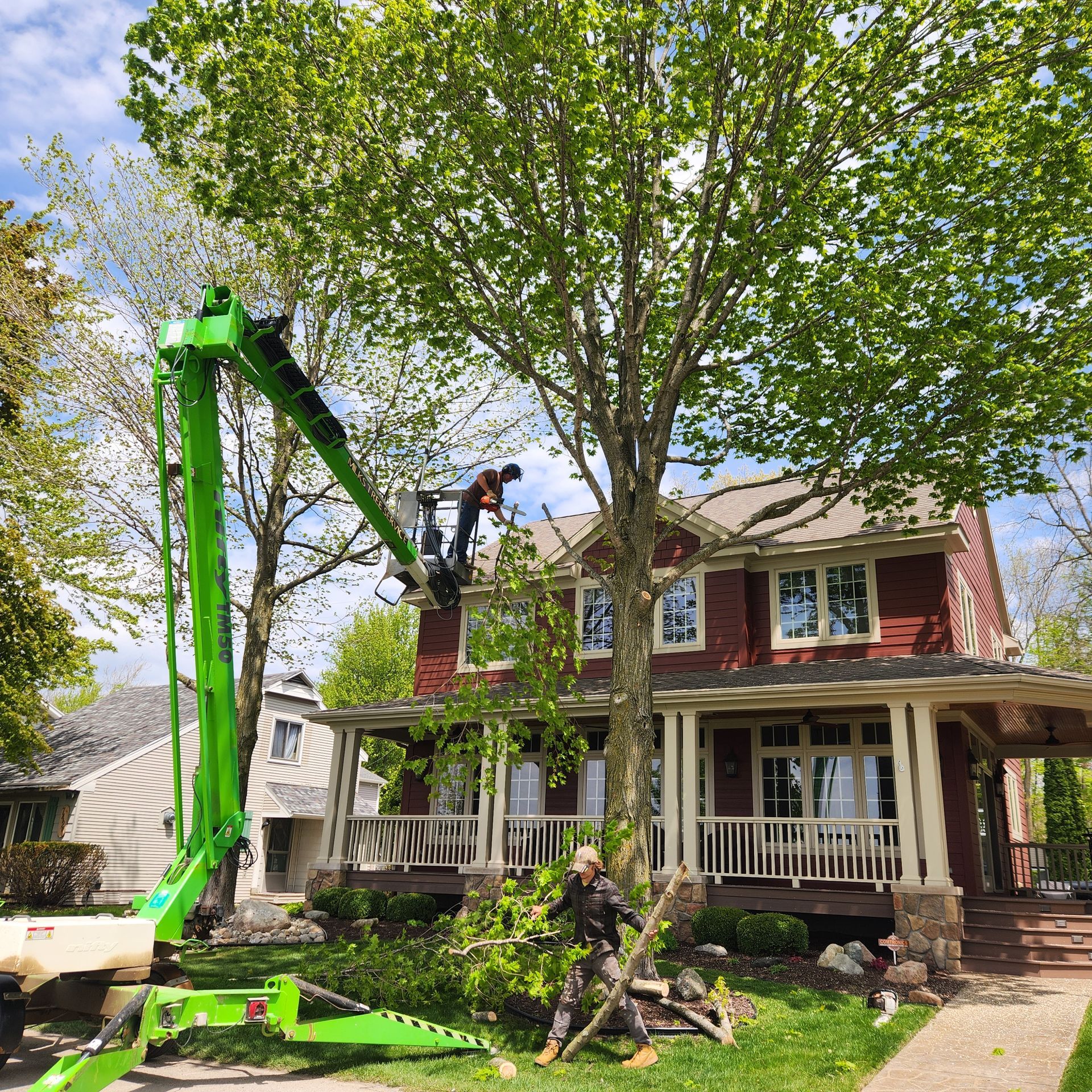 Worker in a green boom lift trimming a tree beside a two-story house