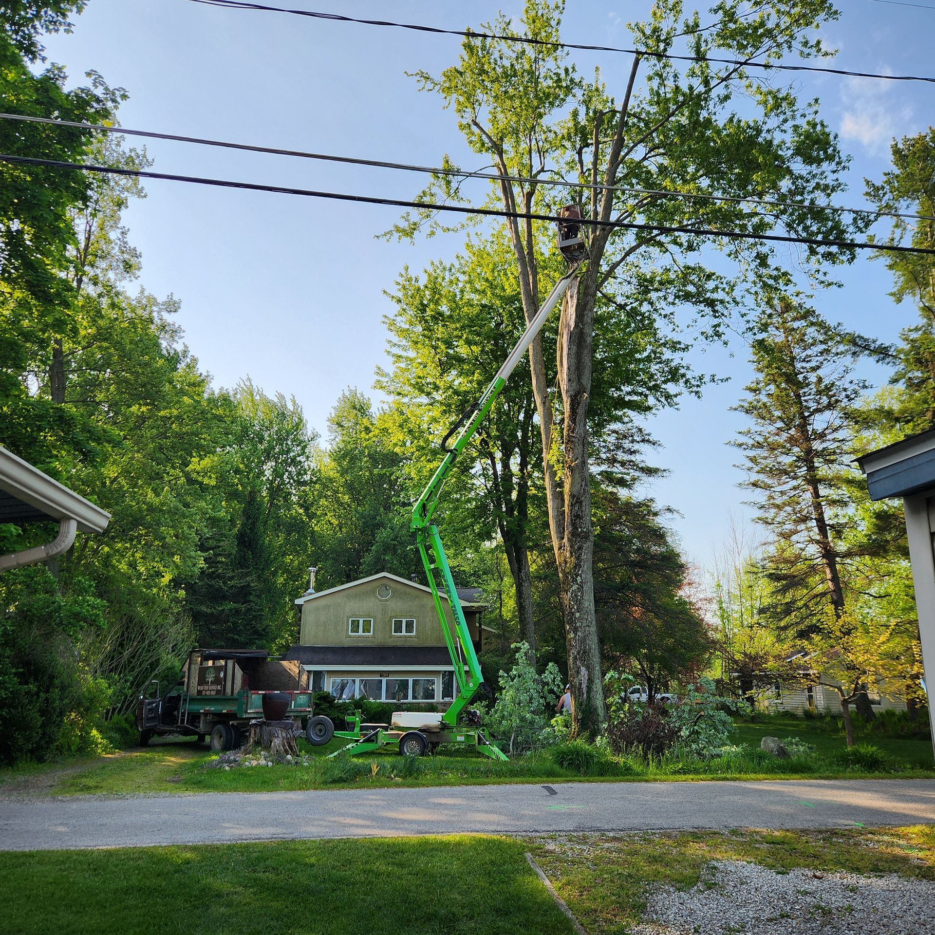 Green tree-trimming lift beside a house on a leafy suburban street under power lines