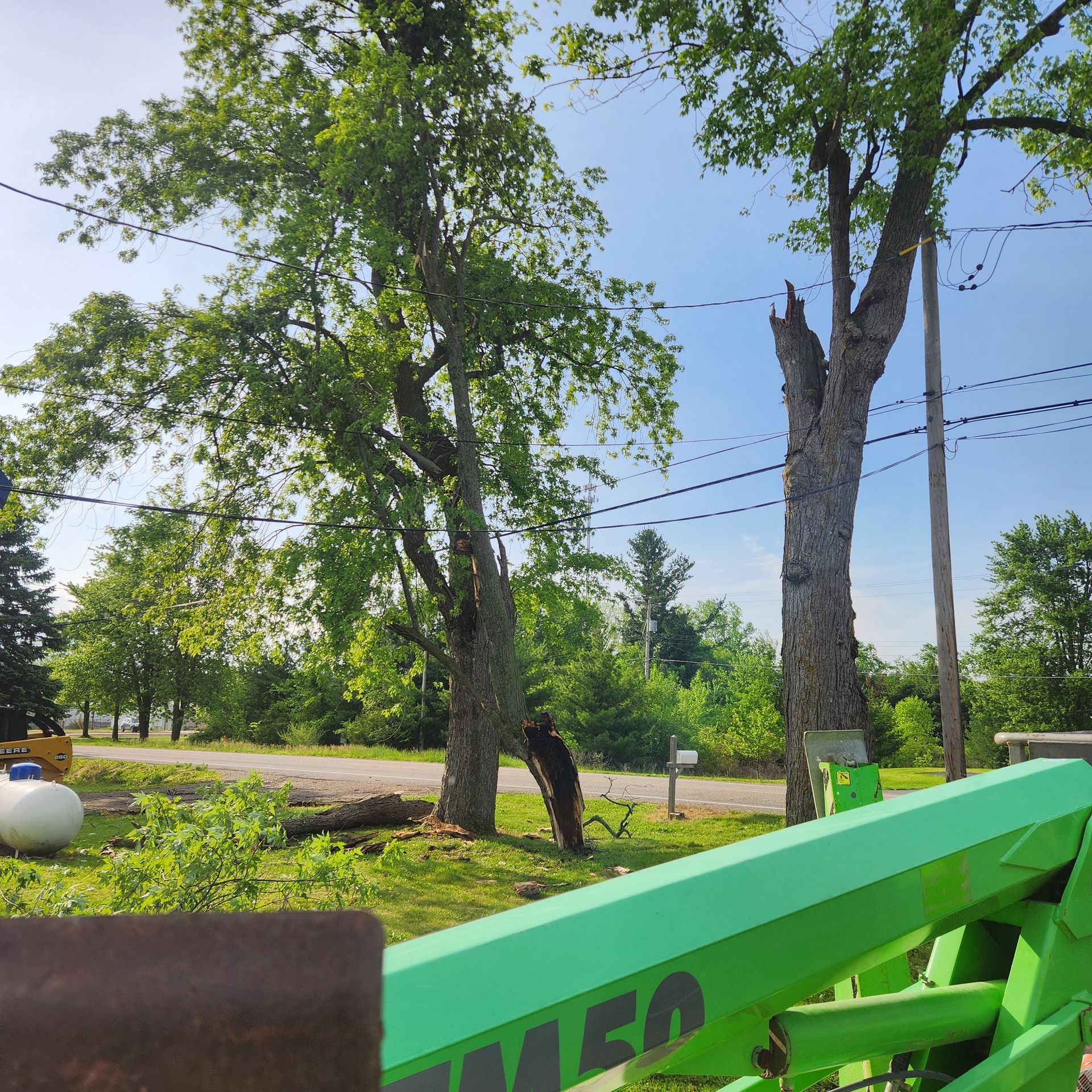 Green construction equipment beside a roadside with trees and utility lines on a sunny day