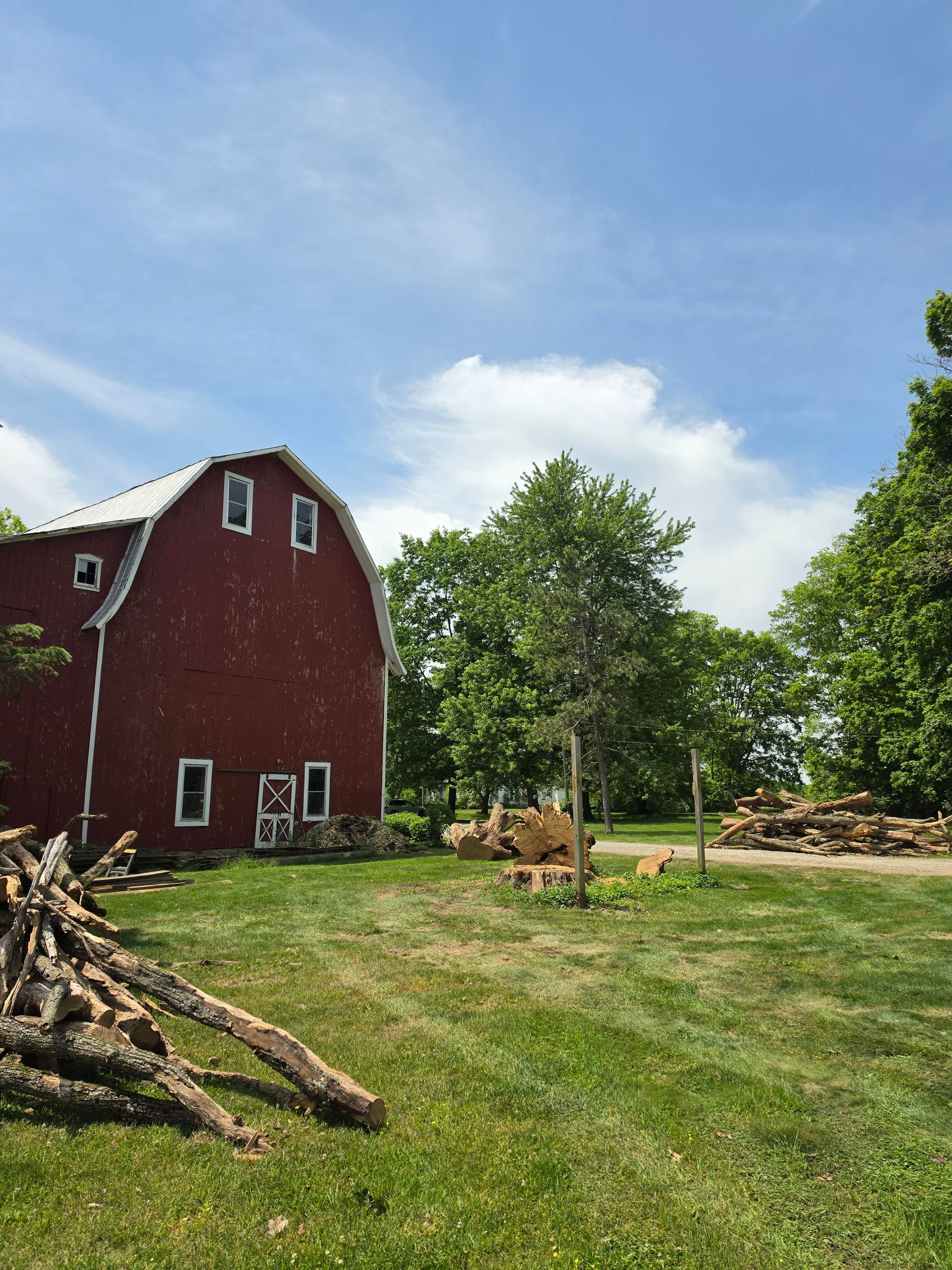 Red barn beside a grassy yard with stacked logs, trees, and a blue sky