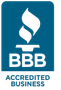 A blue and white logo for bbb accredited business