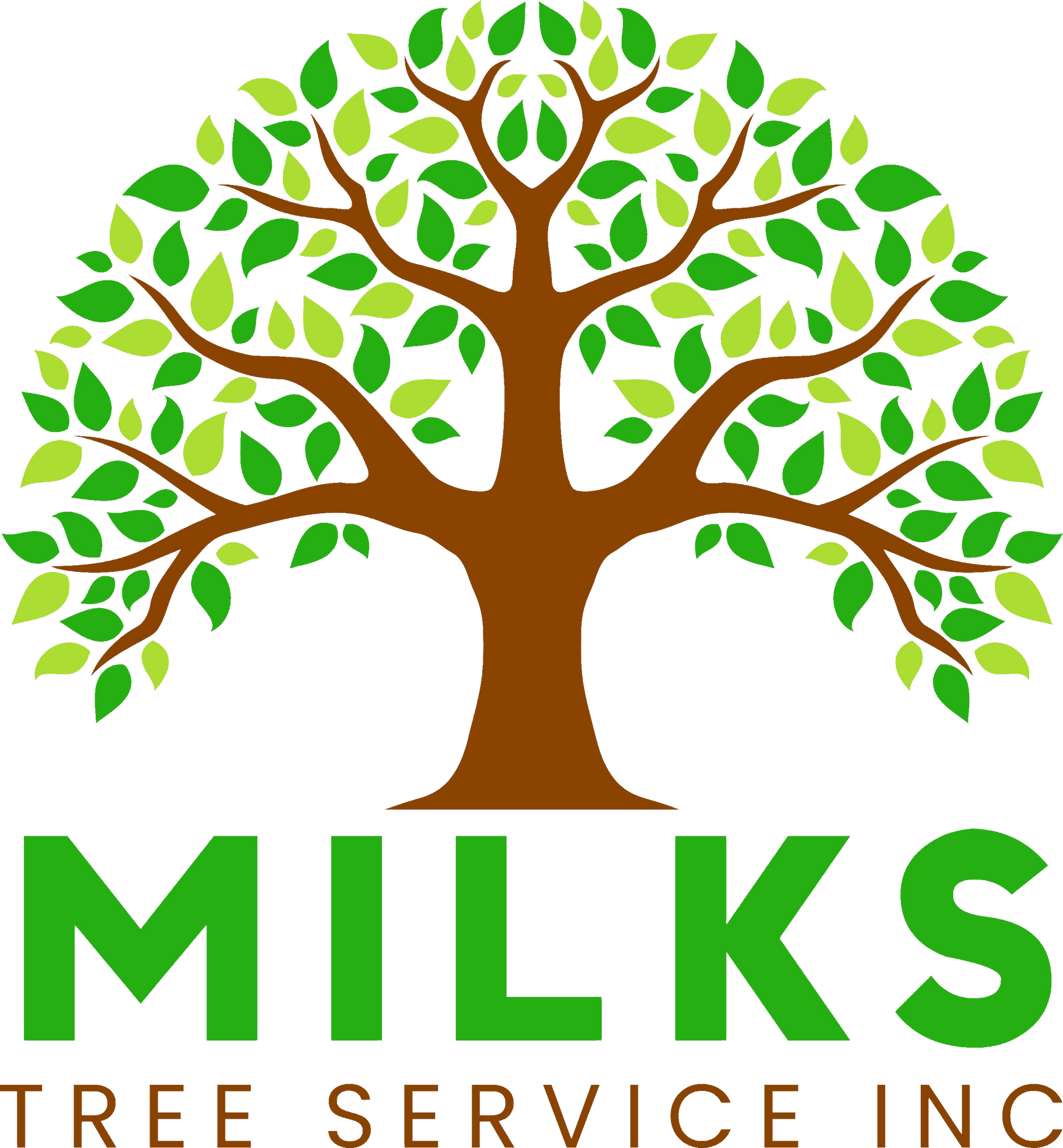 The logo for milks tree service inc shows a tree with green leaves.