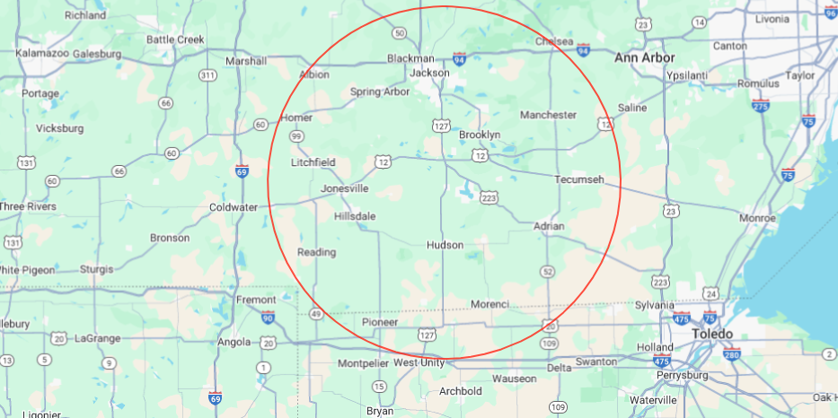 A map of the united states with a red circle in the middle.