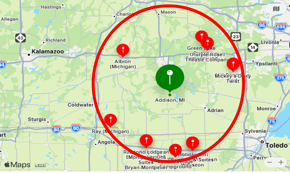 A map with a red circle around a green circle.